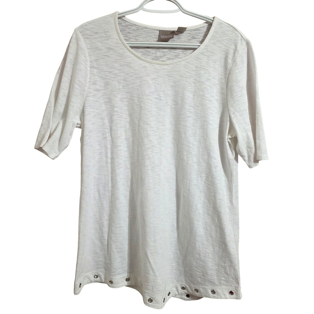 Chico's Women 1 Medium T-Shirt White Cotton Slub Grommet Hem Short Sleeve Tee